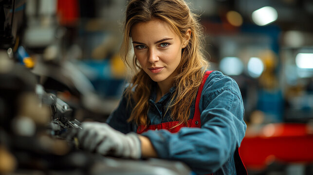 Focused woman mechanic working on a car engine, showcasing skills and determination in an automotive workshop environment.