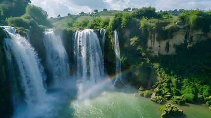 Majestic Waterfall with Rainbow in Lush Forest