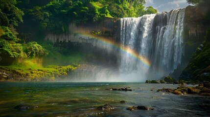Majestic Waterfall with Rainbow in Lush Tropical Rainforest