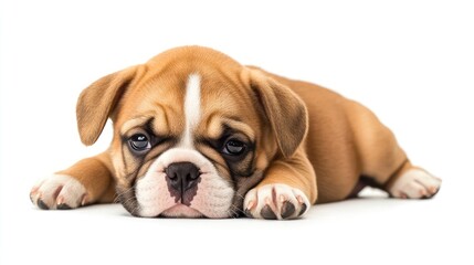 Fototapeta premium Adorable brown and white puppy resting with a sad expression, showcasing its big eyes and cute features.