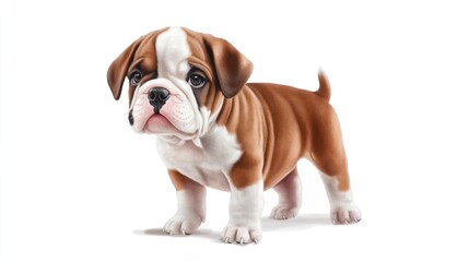 Fototapeta premium A cute, playful brown and white bulldog puppy stands confidently with a charming expression.