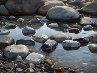 Smooth stones of various shapes and shades of gray, resting in shallow tidal pools on a rocky beach with water reflections.