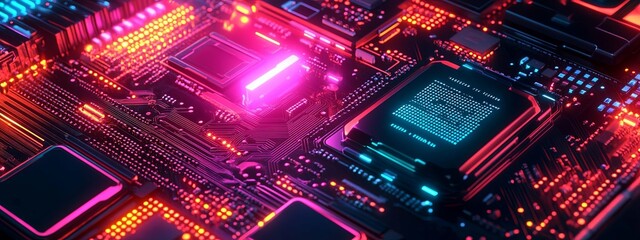 Obraz premium Close-up of a Futuristic Circuit Board with Glowing Lights and Integrated Circuits