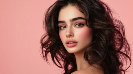 Naklejka premium A Persian beauty with dark brown hair styled in loose waves, her soft pink blush enhancing
