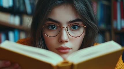 Close up portrait of lovely clever diligent girl wear stylish clothes peek out book discount offer