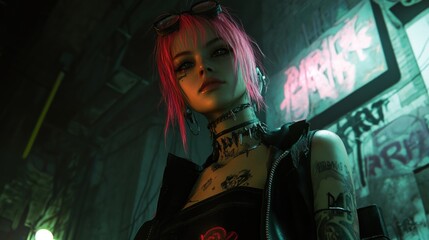 Cyberpunk character in front of a graffiti-covered wall.