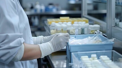 Pharmaceutical Production A Lab Worker Packages Products in a Sterile Environment