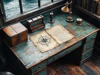 A vintage desk with nautical elements and an old map. © julio