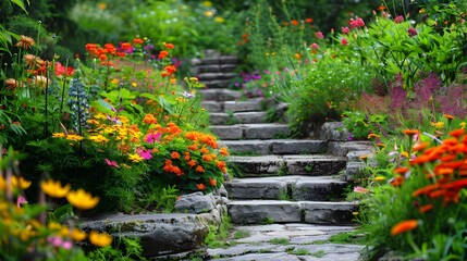 Stone Steps Leading Through a Vibrant Flower Garden