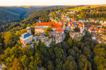 Village Hohnstein with Hohnstein castle and medieval half-timbered houses. Medieval building in Saxon Switzerland