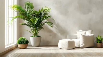 Minimalist Living Room with Palm Tree and Natural Light