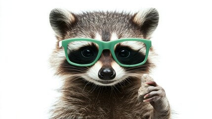 Fototapeta premium A playful raccoon wearing stylish green glasses, holding a small rock, set against a white background.