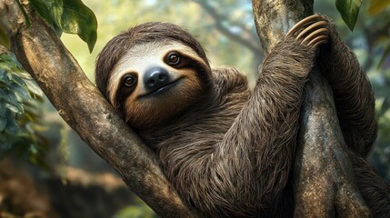 Fototapeta premium A happy sloth resting comfortably on a tree branch in a lush green forest.