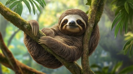 Fototapeta premium A charming sloth, gracefully hanging on a tree branch, amidst a lush rainforest backdrop.