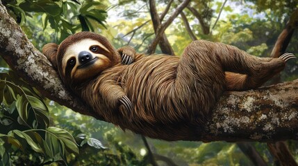 Fototapeta premium A relaxed sloth rests comfortably on a tree branch in a vibrant, sunlit rainforest setting.
