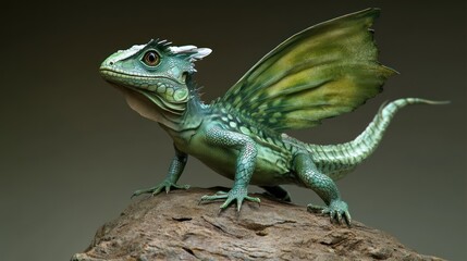 Fototapeta premium A whimsical green dragon-like creature with intricate wings and scales, perched on a rock against a muted backdrop.