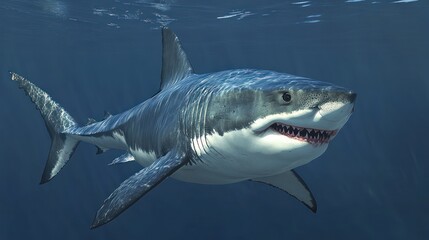 Fototapeta premium A majestic great white shark swimming gracefully underwater, showcasing its powerful presence.