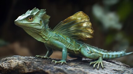 A vibrant green dragon-like lizard with a spiny crest, perched on a log in a lush, green setting.