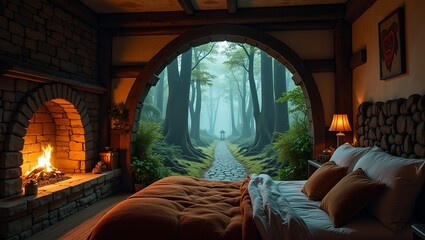 Enchanting bedroom with forest portal  glowing temple in misty woods