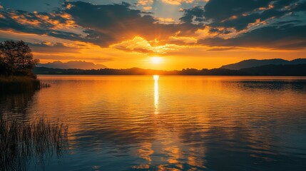 Fototapeta premium Golden Sunset Over Serene Mountain Lake 