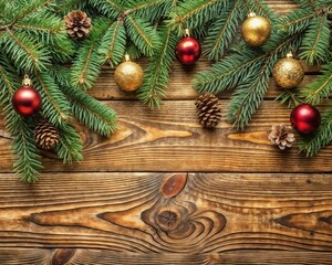 fir branches and toys from above on a wooden background