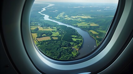 Aerial View of Winding River and Lush Green Landscape