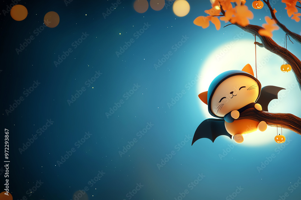 Poster a cute character with bat wings relaxing on a tree branch under a glowing moon, surrounded by autumn