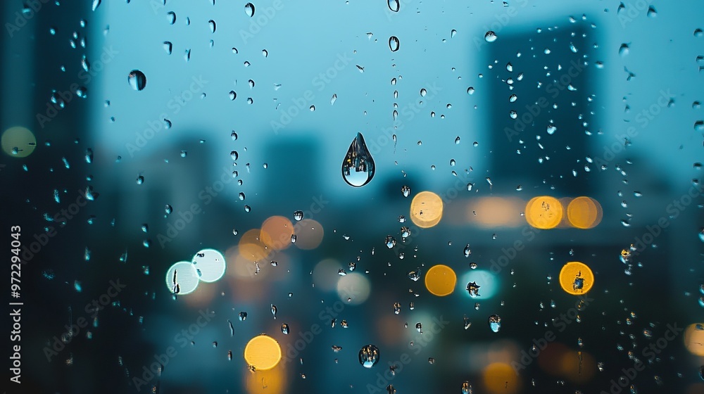 Poster minimalist shot of a single raindrop on a window with soft focus and a blurred cityscape in the back
