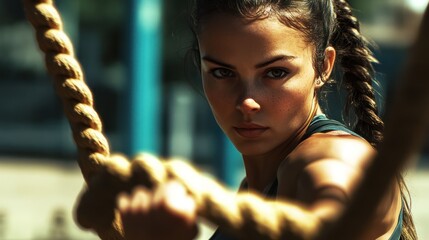 A focused Hispanic woman intensely trains with a rope, showcasing strength and determination.