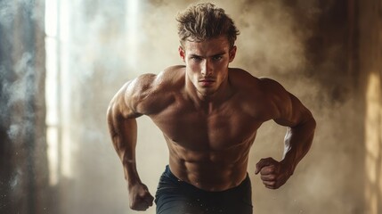 Obraz premium A muscular young Caucasian man sprinting powerfully in a dynamic motion, showcasing his strength in a smoky gym environment.