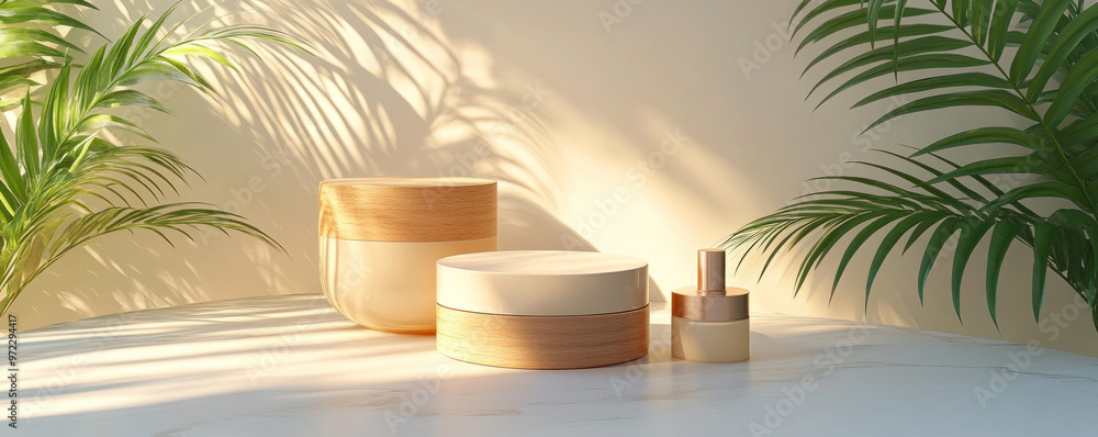 Poster a white table with three containers on it, two of which are round and one is square. the containers 