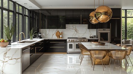 Modern kitchen with marble countertops, black cabinets and large windows.  A dining table with chairs sits in the center of the room.