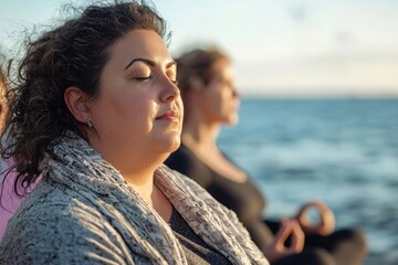 A plus-sized woman attending a yoga retreat, participating in a group meditation session by the sea