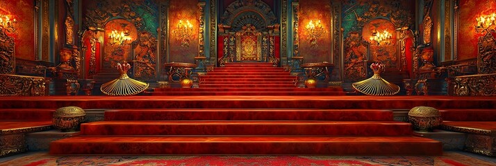 Throne room with red steps, embellished with gold in Flamenco style.