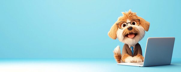 A cute dog in formal attire working on a laptop, conveying a fun and whimsical vibe in a bright blue background.