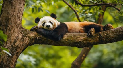 Obraz premium A relaxed giant panda lounging on a tree branch surrounded by lush green foliage.