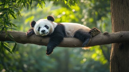 Obraz premium A relaxed giant panda lounging on a tree branch, surrounded by lush greenery and soft sunlight.
