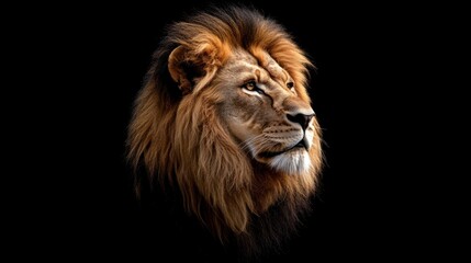 Fototapeta premium Majestic lion with a magnificent mane gazing thoughtfully into the distance against a black background.