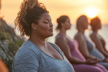 A plus-sized woman attending a yoga retreat, participating in a group meditation session by the sea