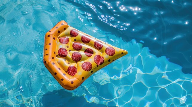 Inflatable mattress shaped like a slice of pizza floating in swimming pool. Top view