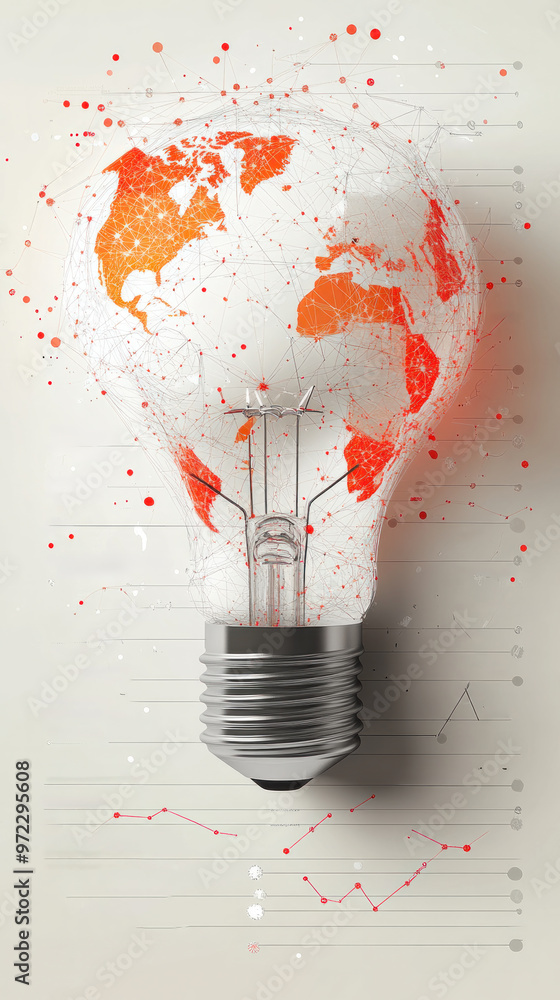 Poster a light bulb with a globe that is covered in red and white paint. the globe is shaped like the earth