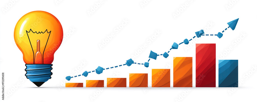 Poster a light bulb is lit up next to a series of bars that show a graph. the graph is rising, indicating g