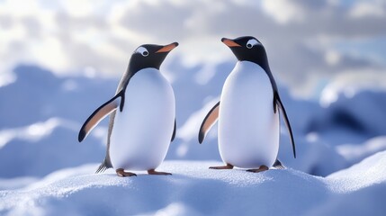 Fototapeta premium Two animated penguins stand playfully on a snowy landscape, showcasing their charming personalities.