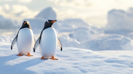 Fototapeta premium Two charming penguins standing on a snowy landscape, capturing the essence of their icy habitat.