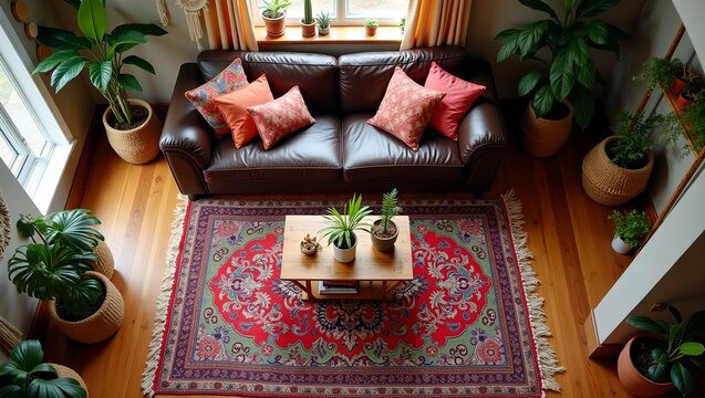 Vibrant bohemian living room with colorful Persian rug leather sofa rattan table macrame plants