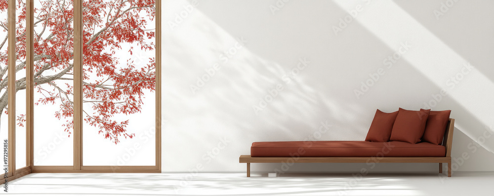 Poster a room with a large window and a red couch. the couch is placed in front of the window, and the sunl