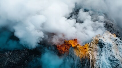 This image depicts a surreal geothermal landscape with a striking contrast between turquoise blue and orange-hued thermal pools. Mist rises gently from the surface.