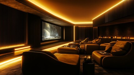 A home cinema room with plush recliners, a large screen, and dimmed ambient lighting for the perfect movie experience.