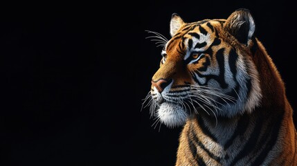 Fototapeta premium A majestic Bengal tiger gazes intently, showcasing its striking orange and black stripes against a dark backdrop.