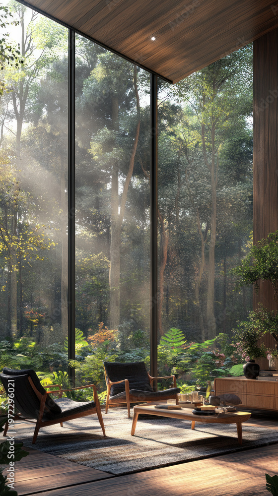 Poster a room with a large window that lets in sunlight and a view of trees. the room is furnished with two